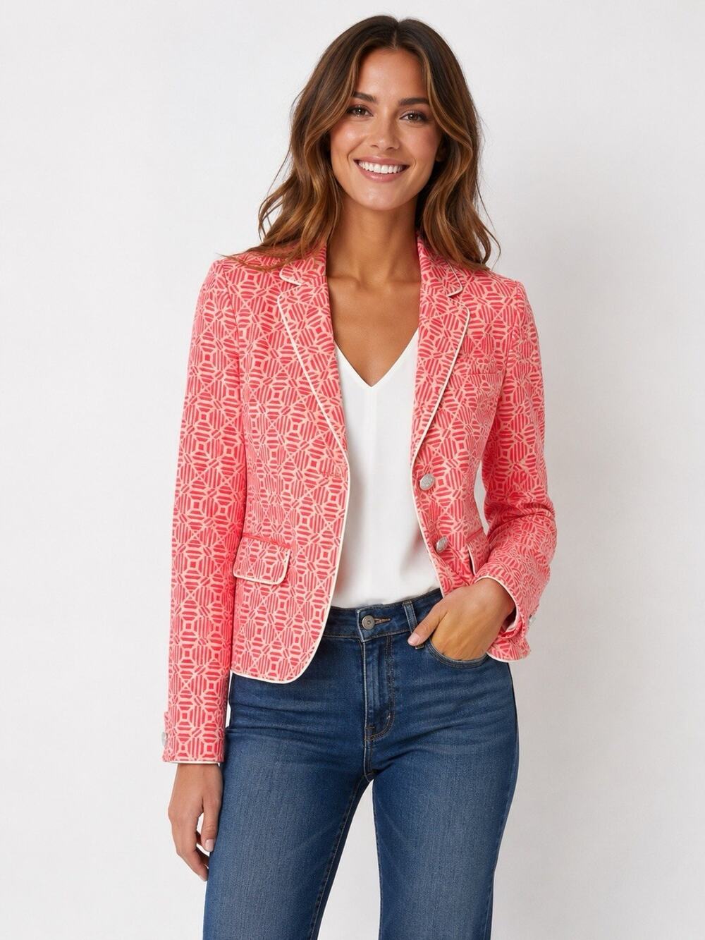 Gap Academy Blazer Women 4 Petite Coral Pink Geometric Print Jacket